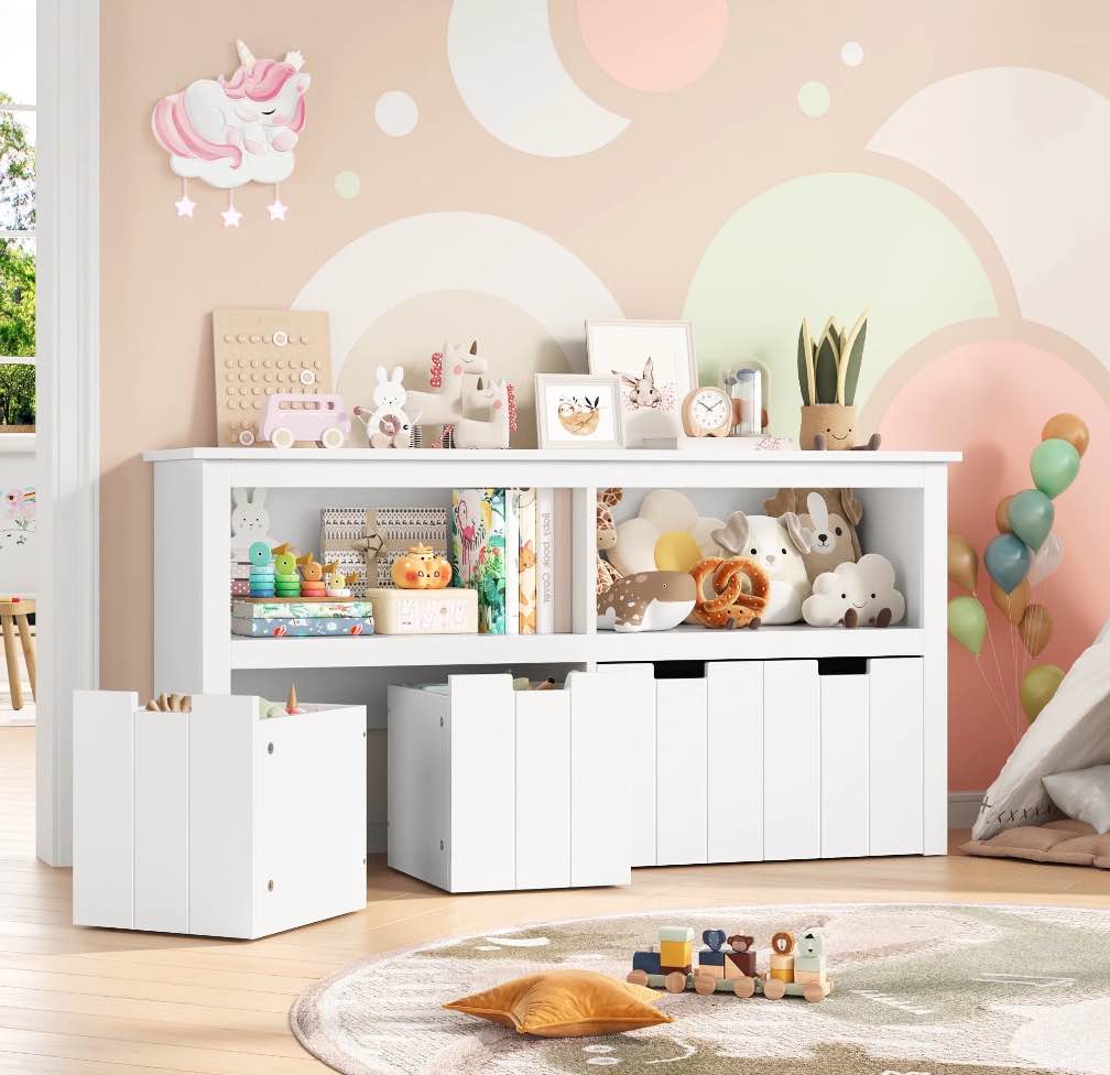 Homfa Kids Toy Storage with 4 Drawers, Cubes Storage Bin with Shelves and Wheels for Kids Living Room, White