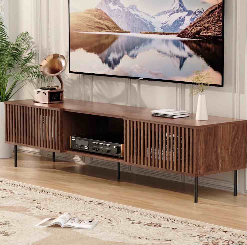 Hommpa TV Stand for 80" TV with 2 Slatted Doors, Mid Century Modern TV Console for Living Room Bedroom, Storage Cabinets Open Shelf Entertainment Center for Gaming Media Console Storage,Walnut