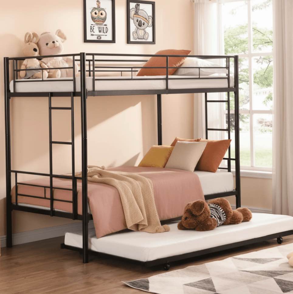 SYNGAR Twin over Twin Bunk Bed, Metal Bunk Bed with Flat Ladder & Safety Guardrail, Convertible Trundle Bunk Bed Frame, for Dorm, Bedroom, Guest Room, No Box Spring Needed, Black