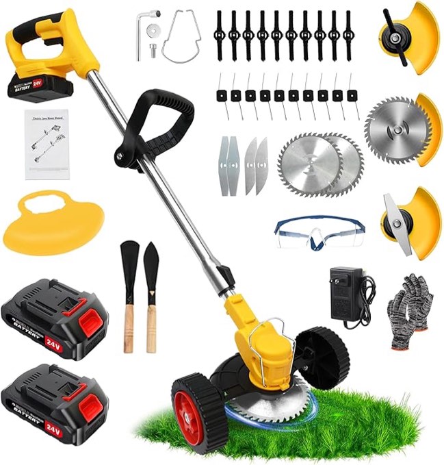 24V Electric Weed Wacker Cordless Grass Trimmer with 2x2000mAh Batteries & Fast Charger, 3 in 1 Stringless Lightweight Brush Cutter/Edger/Mower with 3 Types Blade & Wheels for Garden and Yard Lawn