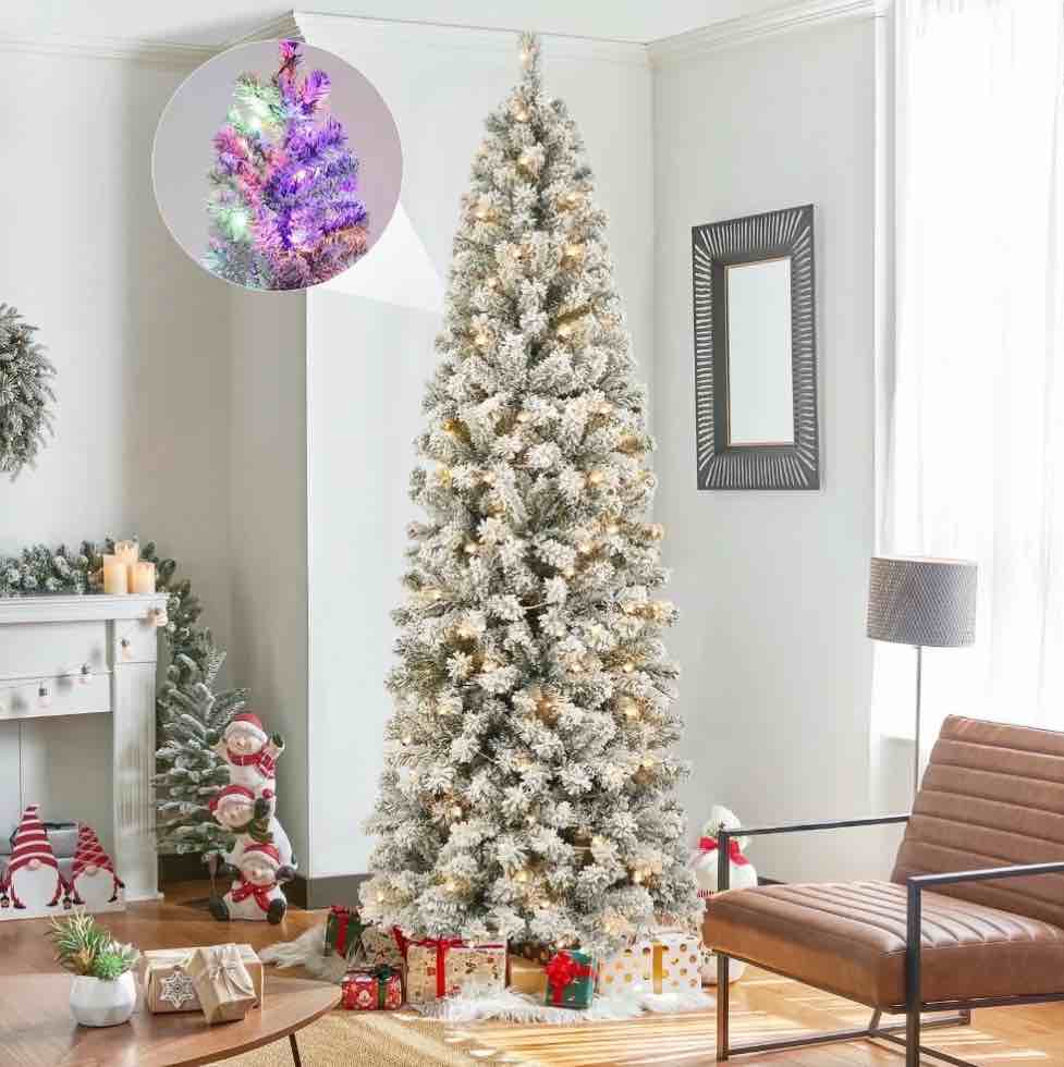 Qunler 7ft Pre-Lit Snow Flocked Pencil Christmas Tree, Artificial Slim Xmas Tree with Warm White & 10 Modes Multicolor Lights for Holiday Decor