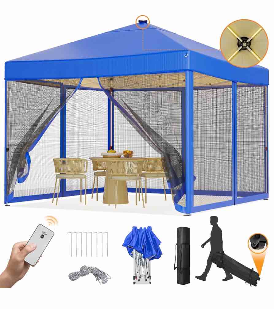 Vecukty 10x10ft Pop Up Canopy Tent with Removable Mesh Mosquito Sidewalls, Remote-Controlled 8-Color LED Lights ,Instant Outdoor Shelter Gazebo Tent,Blue