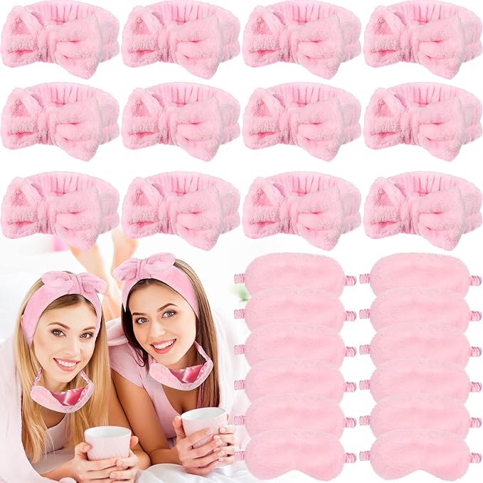 Jexine 24 Pcs Spa Headband Plush Sleep Eye Mask Bulk Bow Hair Band Makeup Headband for Washing Face Sleepover Party Supplies Sleeping Stuff Accessories for Single Party (*****Black,Simple Style)
