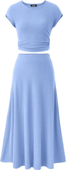 BTFBM Women Two Piece Skirt Set Summer 2025 Casual Vacation Crew Neck Short Sleeve Cropped Top Elast, XL