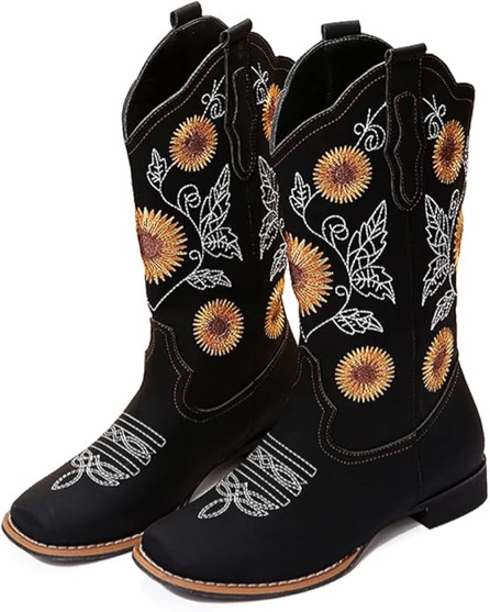 Size 11.5 Women’s gloryinterest Cowboy Boots for Women Mid Calf Cowgirl Western Boots Sunflower Embroidery Stitched Sq