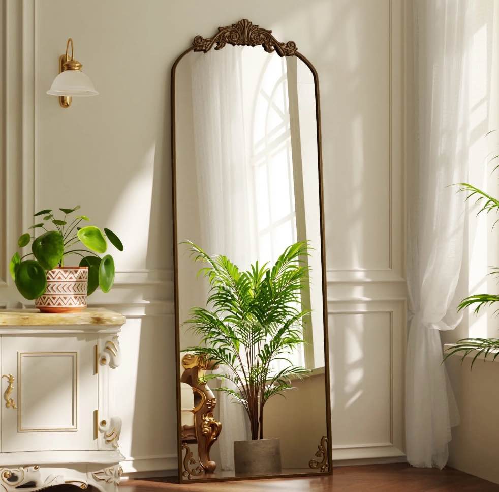 BEAUTYPEAK 66"x21" Arched Full Length Mirror Metal Vintage Mirror Baroque Style,Antique Bronze