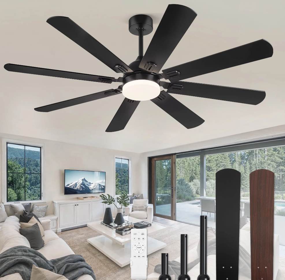 Zardon 62" Black Modern Ceiling Fan with Light and Remote Control, Reversible Quiet DC Motor, Bright LED Light, 6-Speed, Timer for Bedroom, Living Room