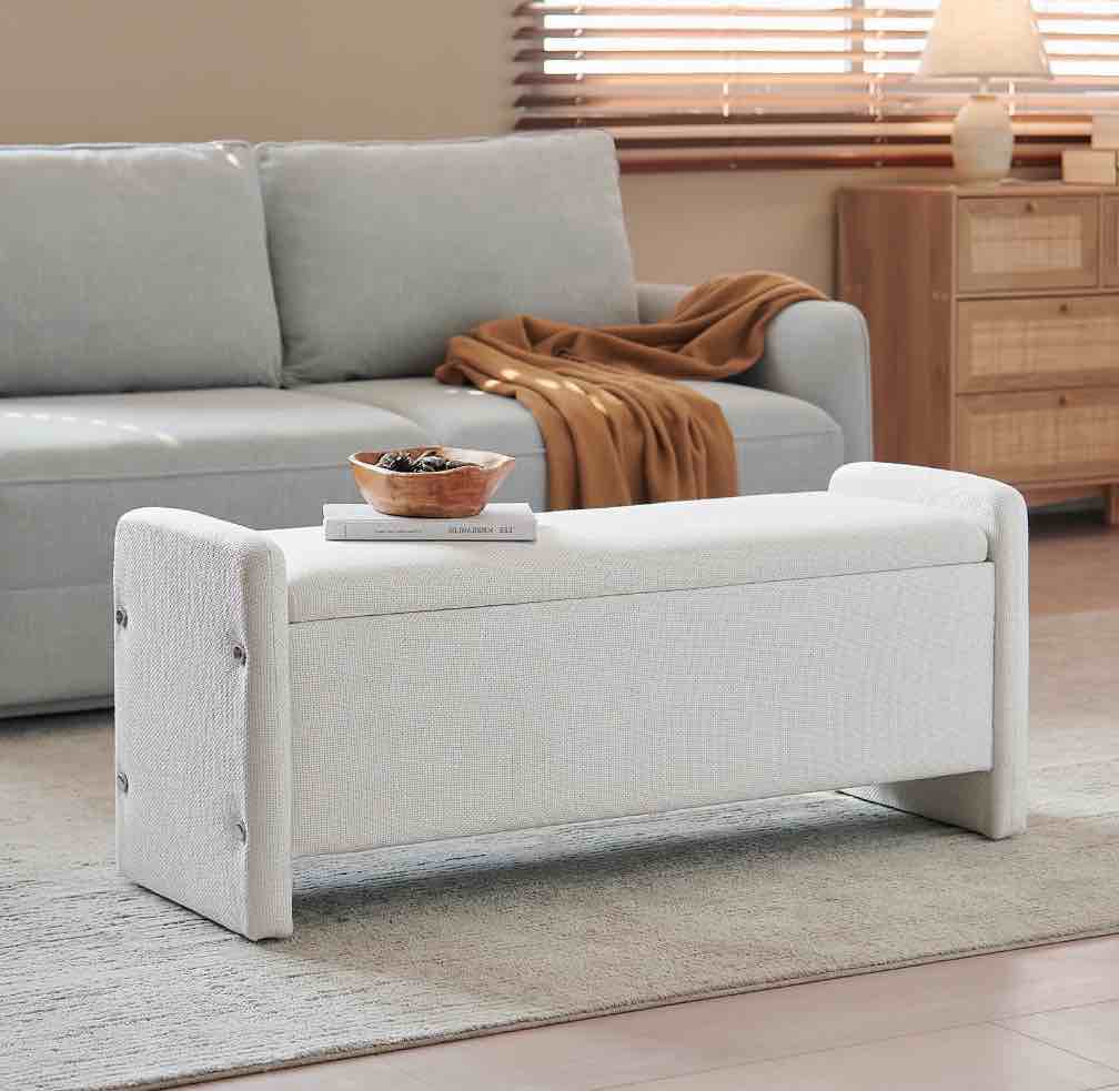 Pinmoco 44" Storage Ottoman Bench, Upholstered Entryway Bench with Storage End of Bed Bench for Bedroom& Living Room, Linen White