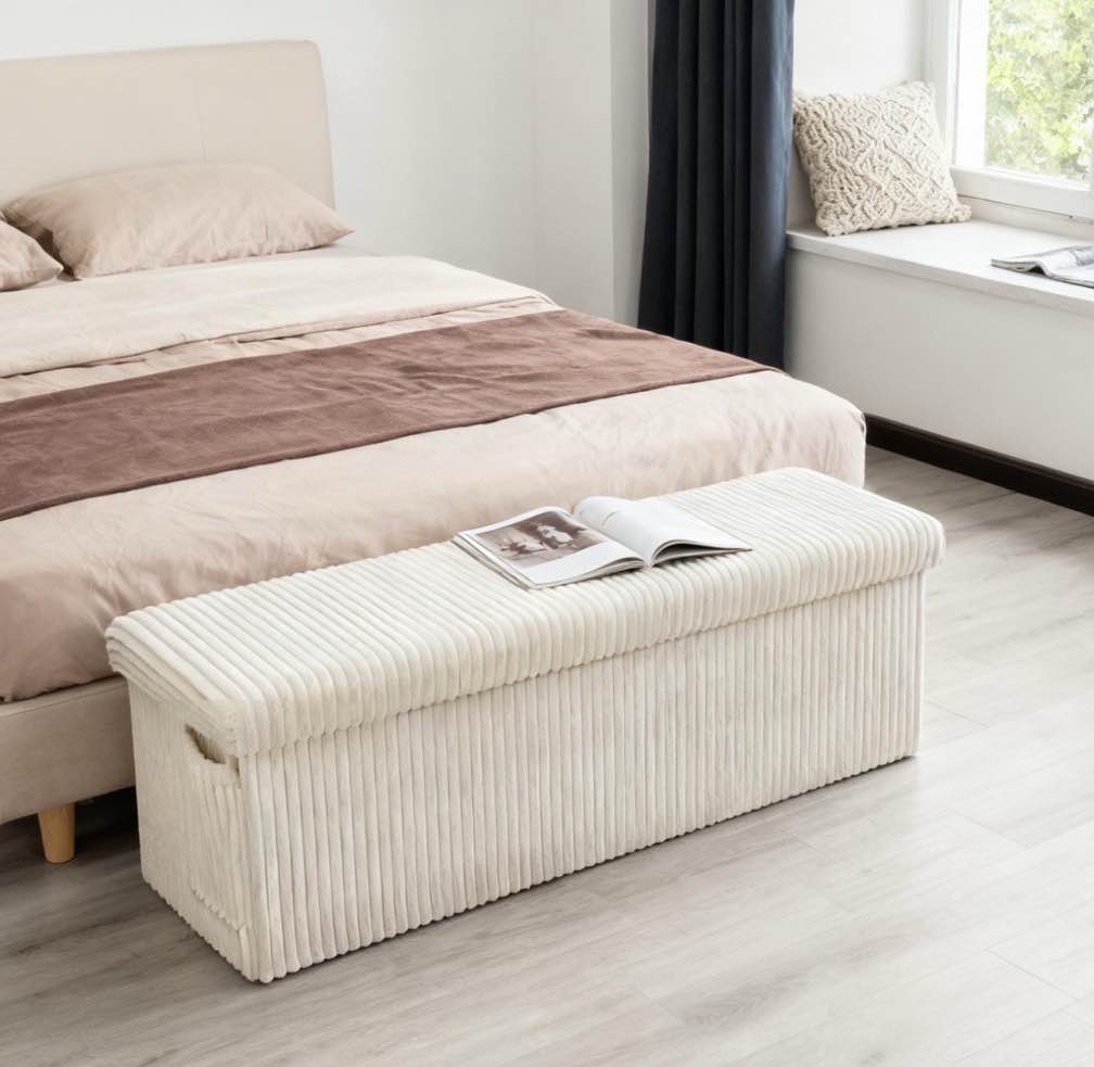 Pinmoco 43" Folding Storage Ottoman Bench with Side Pocket, Corduroy Storage Bench Entryway Bench for Bedroom, Living Room, Beige