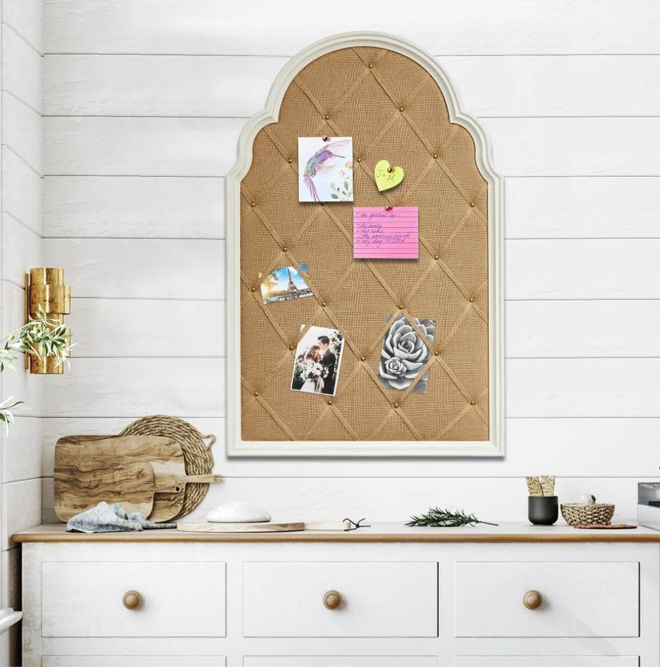 SOFE Bulletin Board 36 x24 Arched Cork Board with White Farmhouse Frame Large Linen-Covered Pin Board for Wall Decor Office Home & School