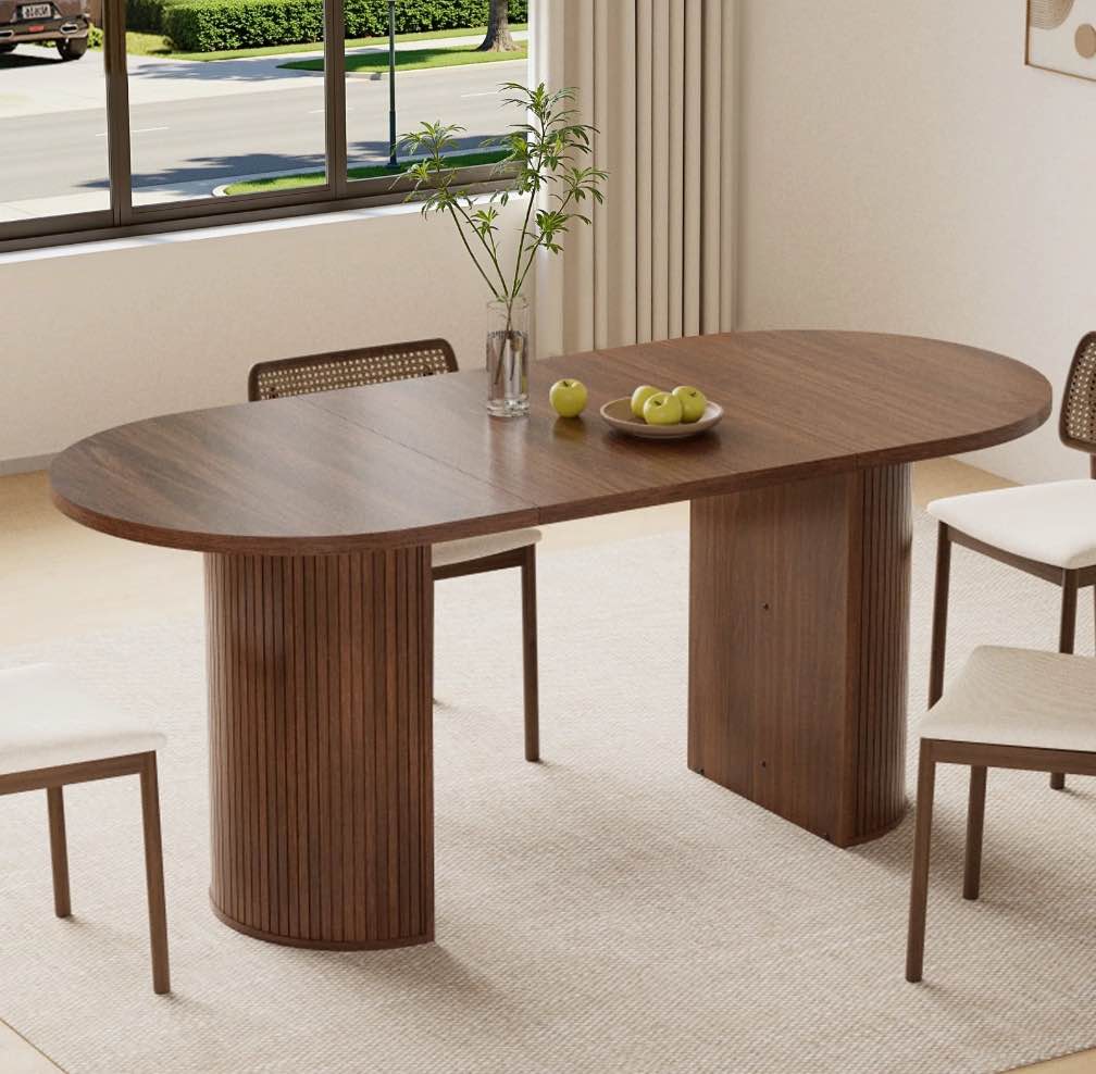 Hommpa 71" Dining Table for 6,Modern Oval Kitchen Table With Wood Strip Base,Long Dining Room Tables for Kitchen Dining Room Living Room,Walnut