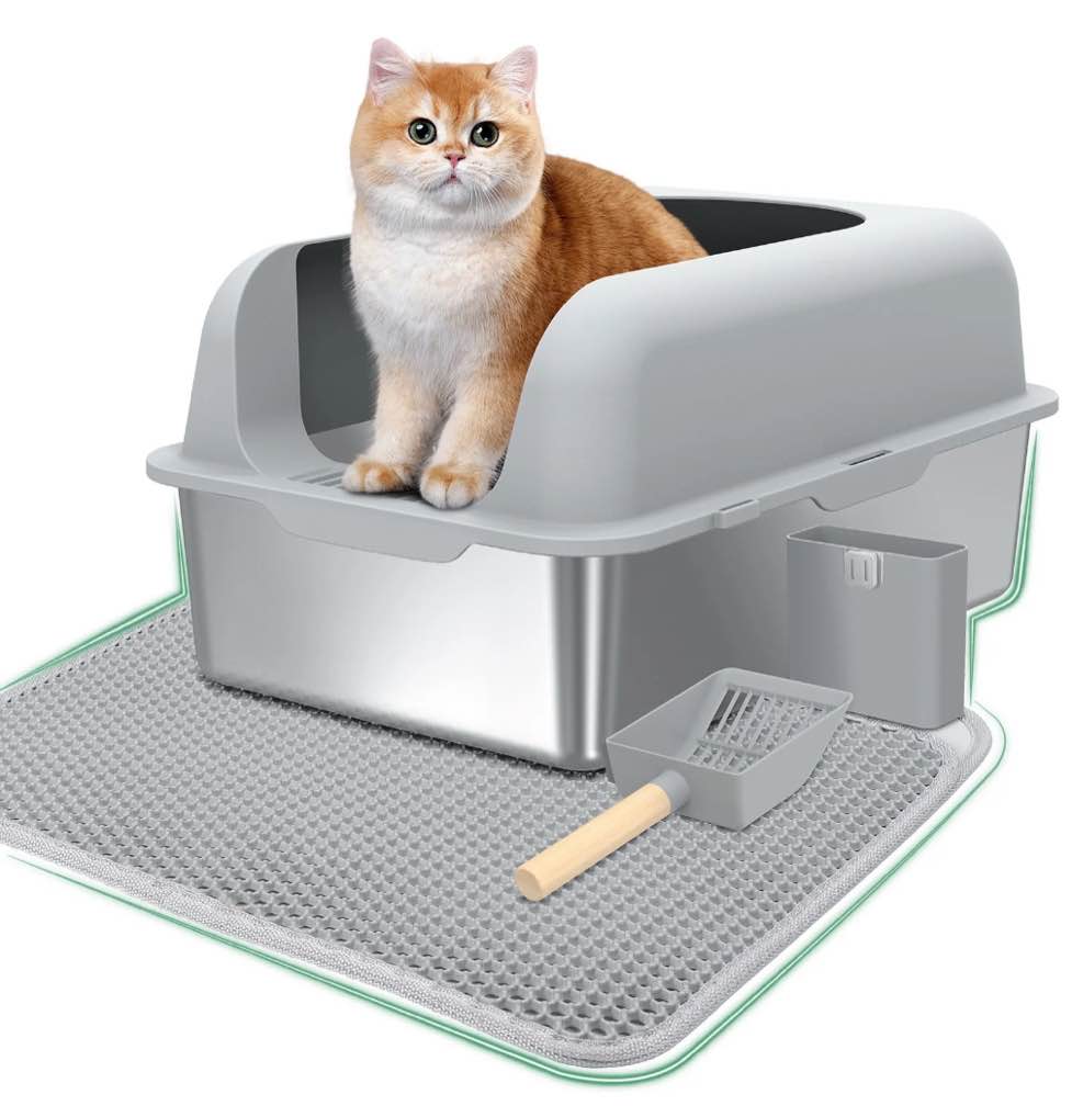 Anyask Stainless Steel Cat Litter Boxes with Lid High Wall Sides Enclosure for Small Mulit Big Cat