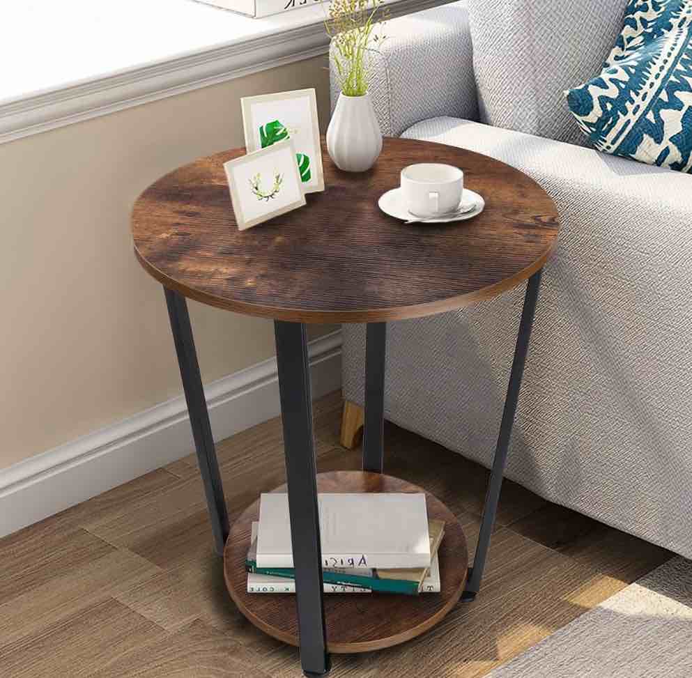 Small Round 2 Tier Wooden Side End Table for Small Spaces Bedroom Living Room Accent Tables Nightstand 22 Inch Height, Brown and Black Frame