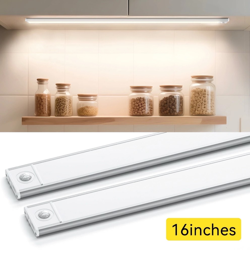 Under Cabinet Lighting Wireless 16 Inches, 108 LED Rechargeable Motion Sensor Light Indoor with 3 Color Temps & Dimming, Closet Lights Motion Sensored for Kitchen, Pantry, Stairs, 2 Pack