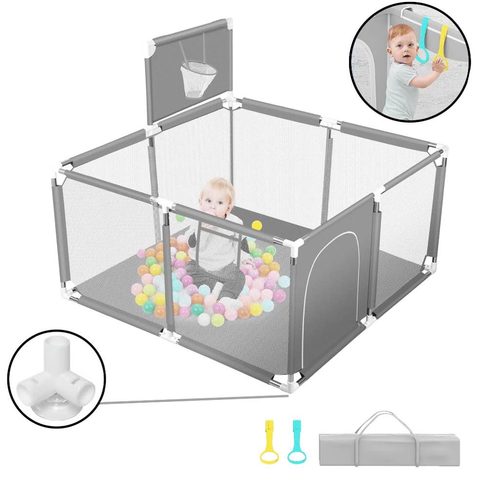 HioHa Baby Playpen, Baby Playard with Basketball Hoop, Portable Play Yard Baby Fences for Infant Toddler
