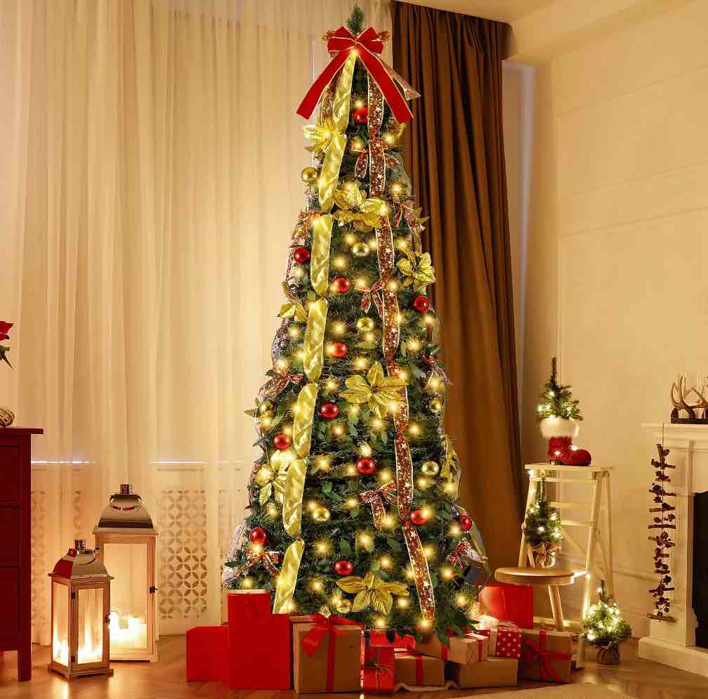 Lookfly 7.5FT Pre-Lit Christmas Tree,Green Pop Up Christmas Trees for Indoor Holiday Party Decorations