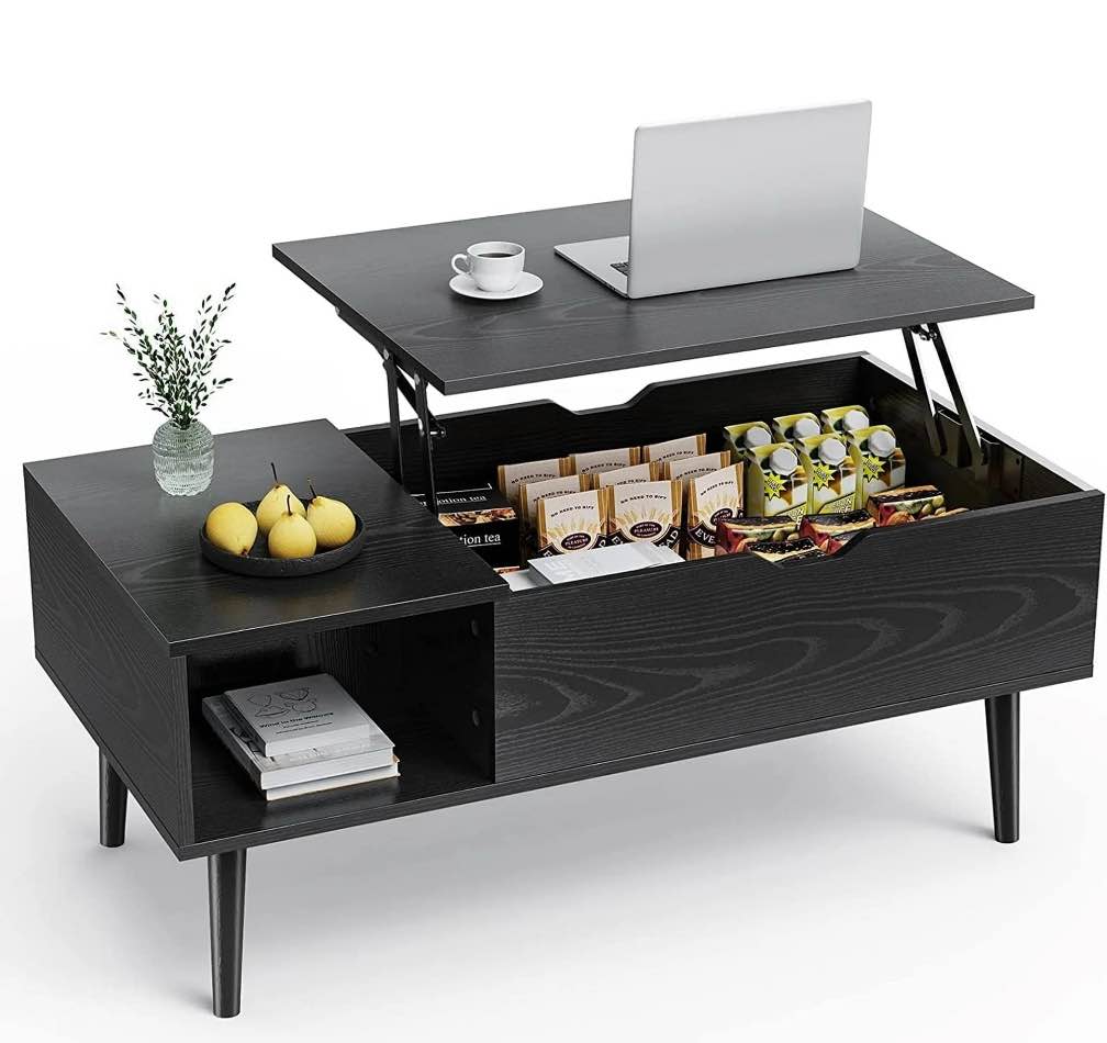 edx Wooden Lift Top Coffee Table with Hidden Compartments and Adjustable Shelves - Ideal for Small Homes, Apartments, Reception Rooms, Black Grain