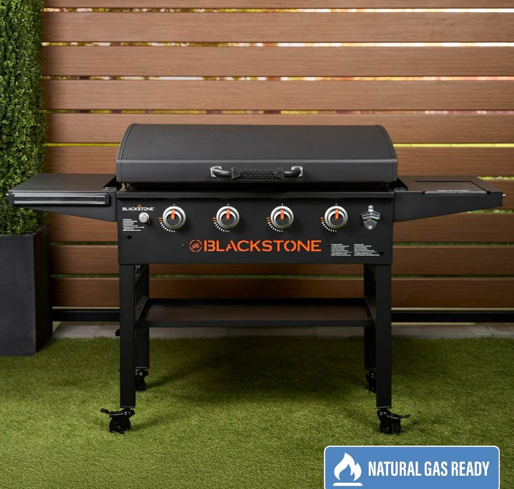 Blackstone Original 4-Burner 36" Natural Gas Omnivore Outdoor Griddle with Hood and Folding Side Shelves