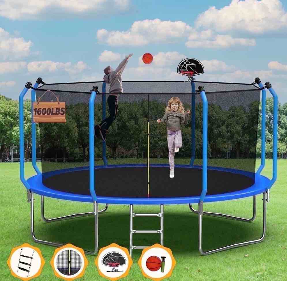 Mersco 14ft Trampoline for Kids and Adults, Upgraded Outdoor Trampoline with 1320lbs Capacity , Recreational Round Trampoline with basketball and Hoop & Enclosure Net & Ladder Blue