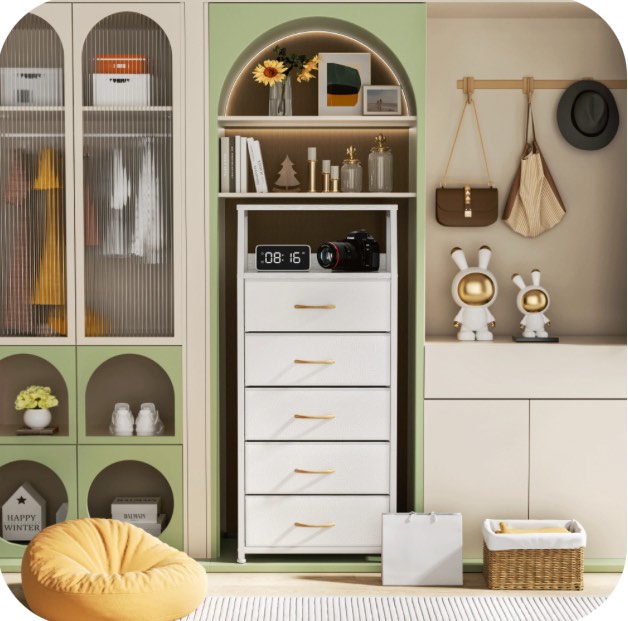 TYDIMOR Fabric Dresser for Bedroom, 5 Drawer Chest of Drawers, White, Ideal for Adults