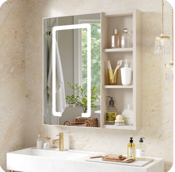 Uoisaiko LED Medicine Cabinet Wall Mounted with Mirror, 3-Color Adjustable - Pre-Assembled Anti-Fog 24"x26", Light Gray