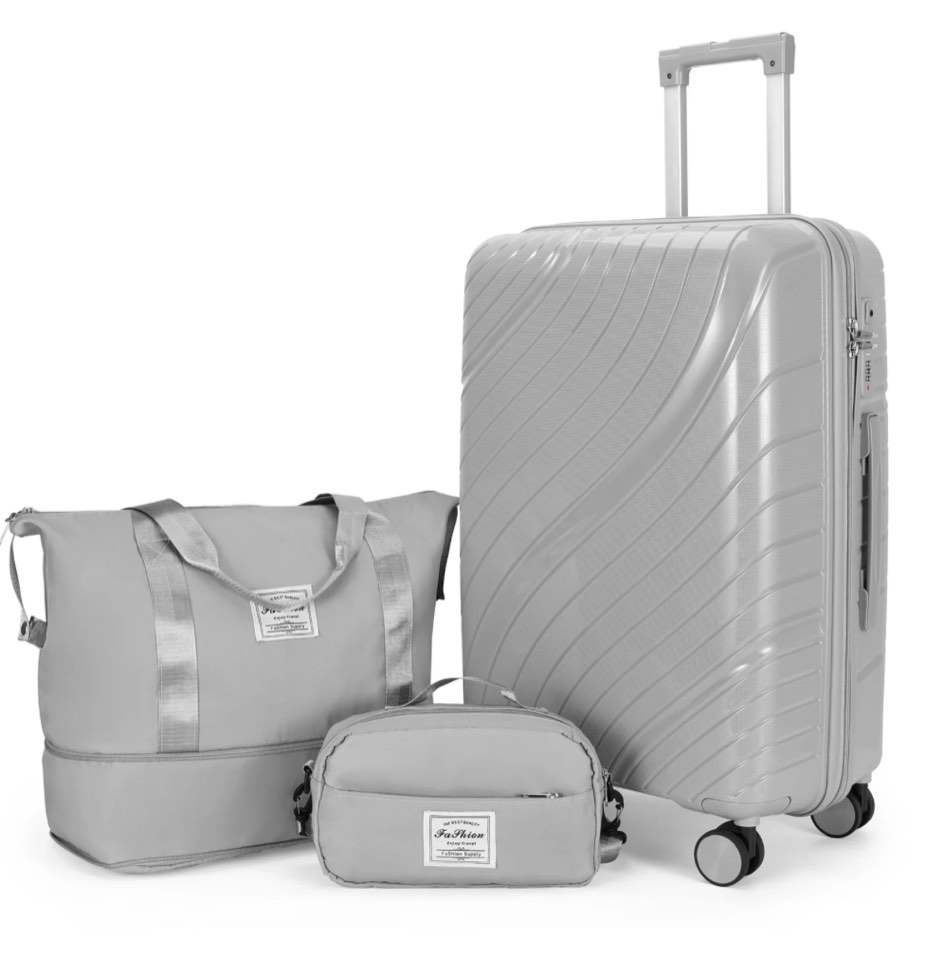 Zimtown 3 Piece Carry-on Luggage Sets, PP Hardside Suitcase Set with Spinner Wheels, Portable Travel Bag and Toiletry Bag, Light Gray