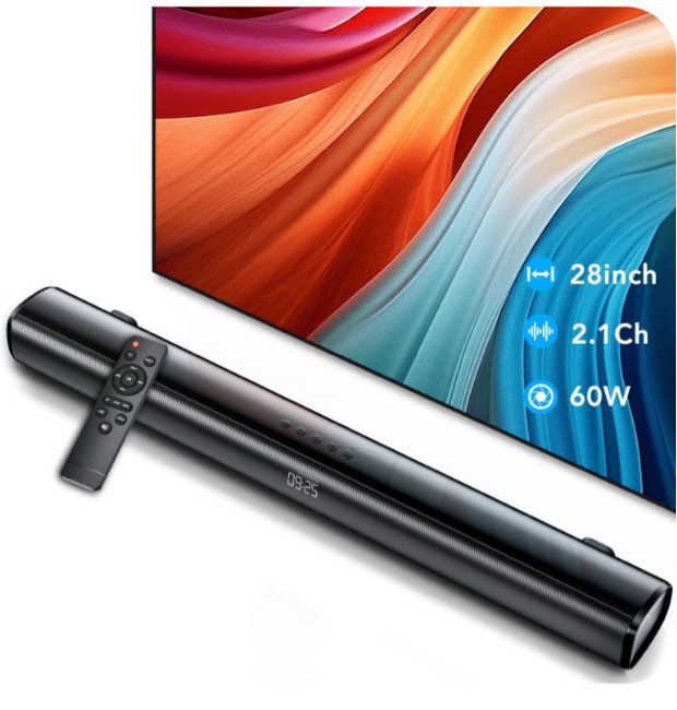 Sound Bar for TV, 60W Soundbar TV Speakers, 2.1 ch Home Theater with Subwoofer Boost, 3 Equalizer Modes, Soundbar for TV/PC/Gaming/Projectors, Bluetooth, OPT, COX, USB & AUX Wall Mountable
