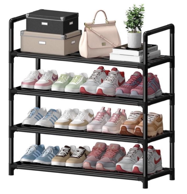 Krpimt 4-Tier Shoe Rack, 31.5" Stackable Shoe Organizer Storage Holds 12-16 Pairs, Metal Shoe Shelf for Entryway Hallway and Closet, Black