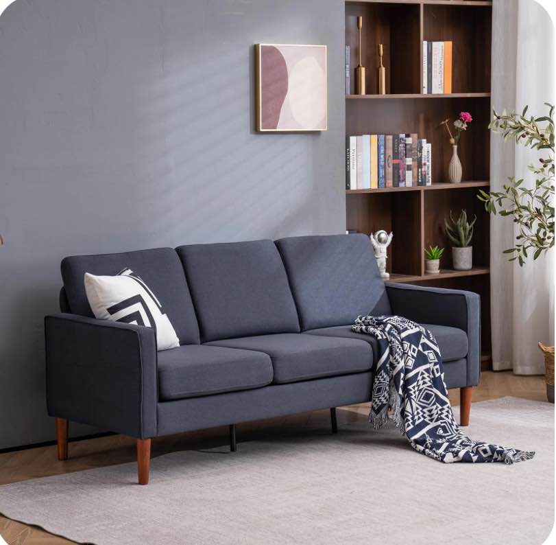 Ktaxon 3 Seat Couch Mid Century Fabric Sofa with Wood Legs, Comfortable Sofa Couch for Small Apartment Living Room Bedroom Dark Grey