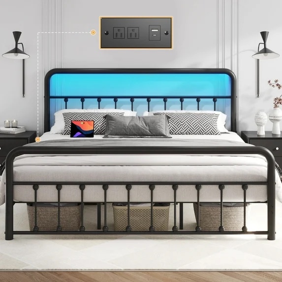 Lifezone Classic Metal Platform Bed Frame, King, with USB Port & LED