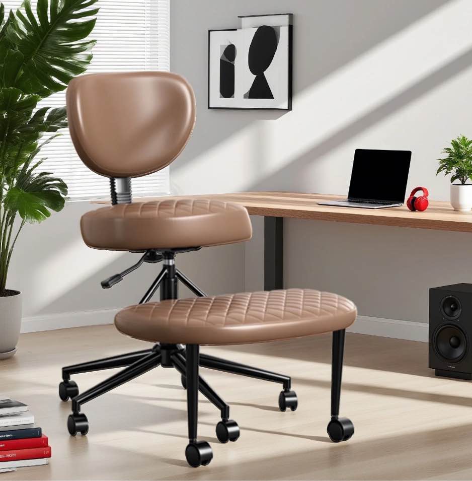 JONPONY Ergonomic Cross Legged Swivel Chair, ADHD Office Chair, Meditation Chair with Lumbar Support, Adjustable Height and Retractable footrest, Home and Office, Durable PU Leather, Brown