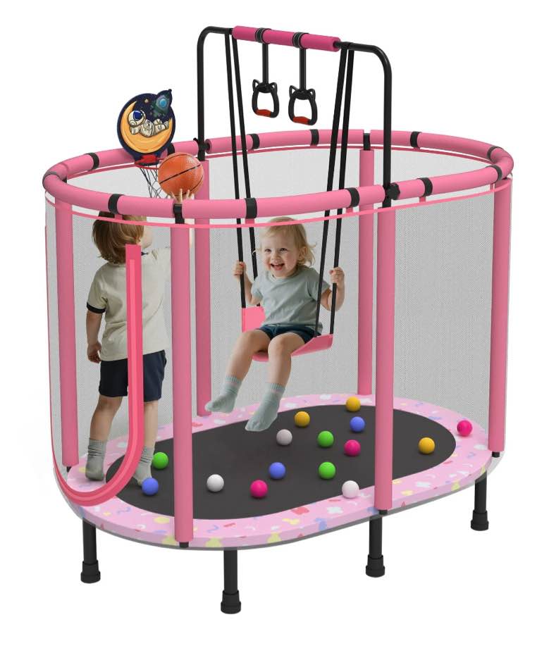 60" Toddler Trampoline with Safety Enclosure Net, SEGMART Upgraded Kids Trampoline with Basketball Hoop, Swing, Rings, Balls, Indoor Outdoor Mini Trampoline Birthday Gift for Kids Ages 3-9