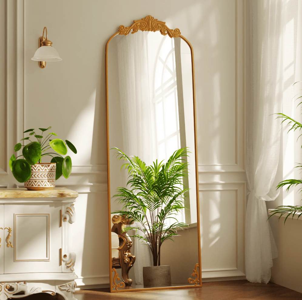 BEAUTYPEAK 66"x21" Arched Full Length Mirror Metal Vintage Mirror Baroque Style,Gold