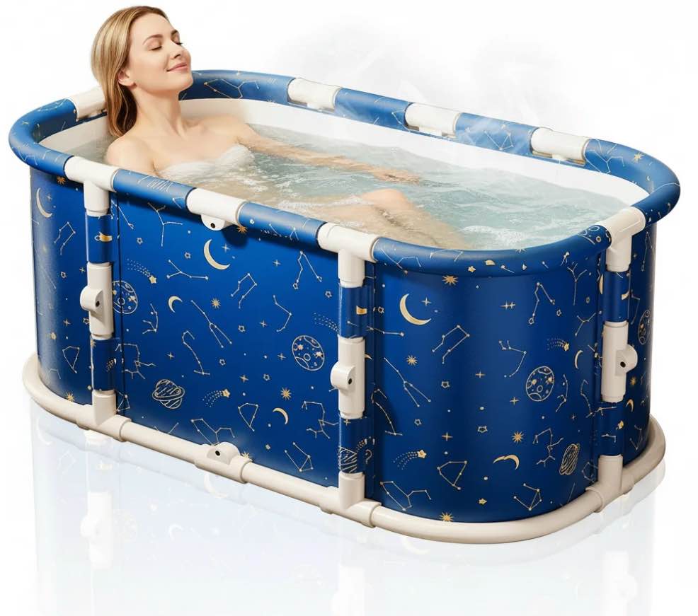 SolarSoda 45" Large Portable Folding Bathtub, Non-Inflatable Hot & Cold Soaking Bathtub for Home Use, (Star Moon Blue)