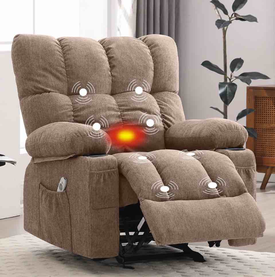 JONPONY Manual Recliner Chair with Heat Therapy and Massage Function, Heavy Duty Reclining Mechanism Massage Chair, Elderly Single Rocker Sofa with Cup Holders for Bedroom Home Theater,Brown