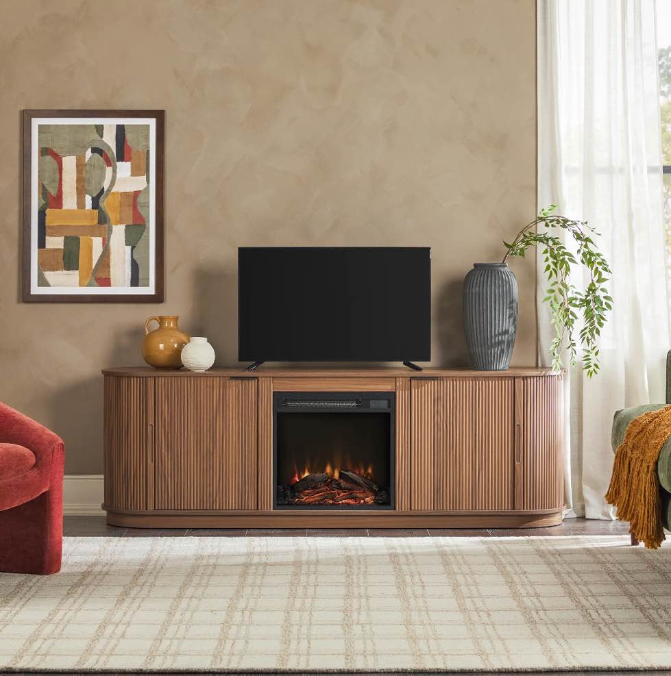 70 in. mocha modern tv stand with storage and electric fireplace