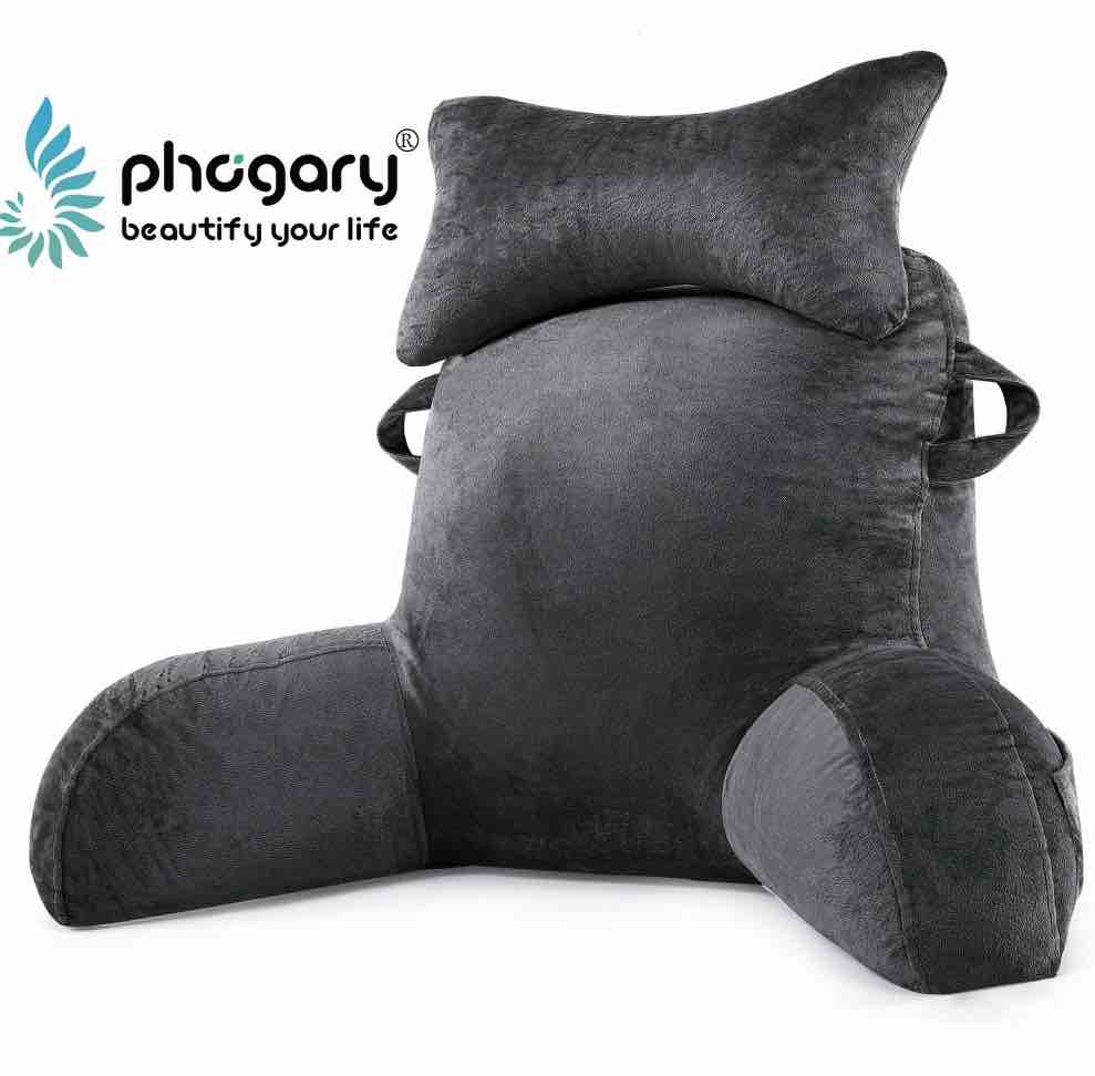PHOGARY Reading Pillow, 23" Backrest Pillow with Arms and Pocket, Bed Rest Pillow with Detachable Neck Roll, Watching TV Bed Rest Reading Gaming Pillow for Adult Kids, Dark Grey