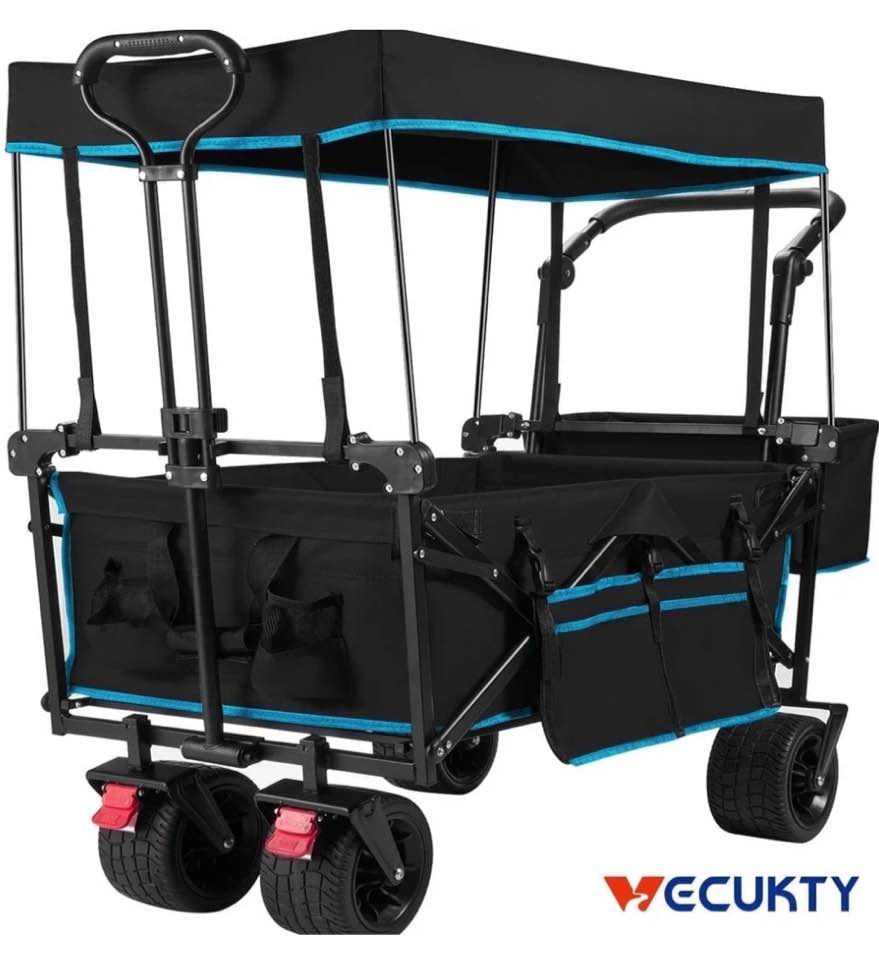 VECUKTY Collapsible Garden Wagon Cart with Removable Canopy Black
