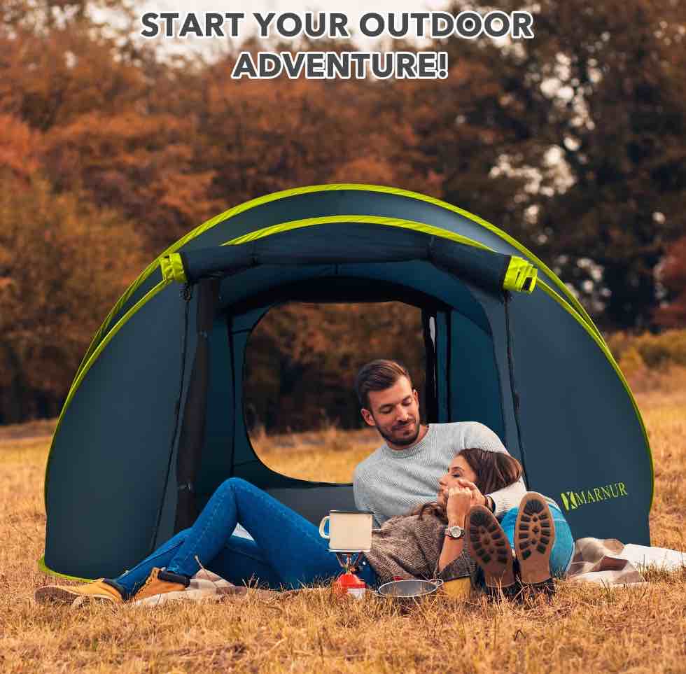 MARNUR Instant Tent 4-Person Camp Tent  Auto Setup Pop Up Tent  Waterproof  Huge Door & Windows  Dark Blue