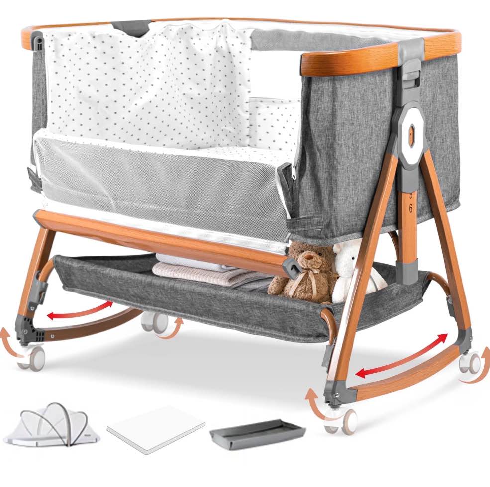RUPOUN Bassinet Bedside Sleeper, Portable Baby Crib with 6 Adjustable Heights and Breathable Mesh Panels, Foldable, Gray