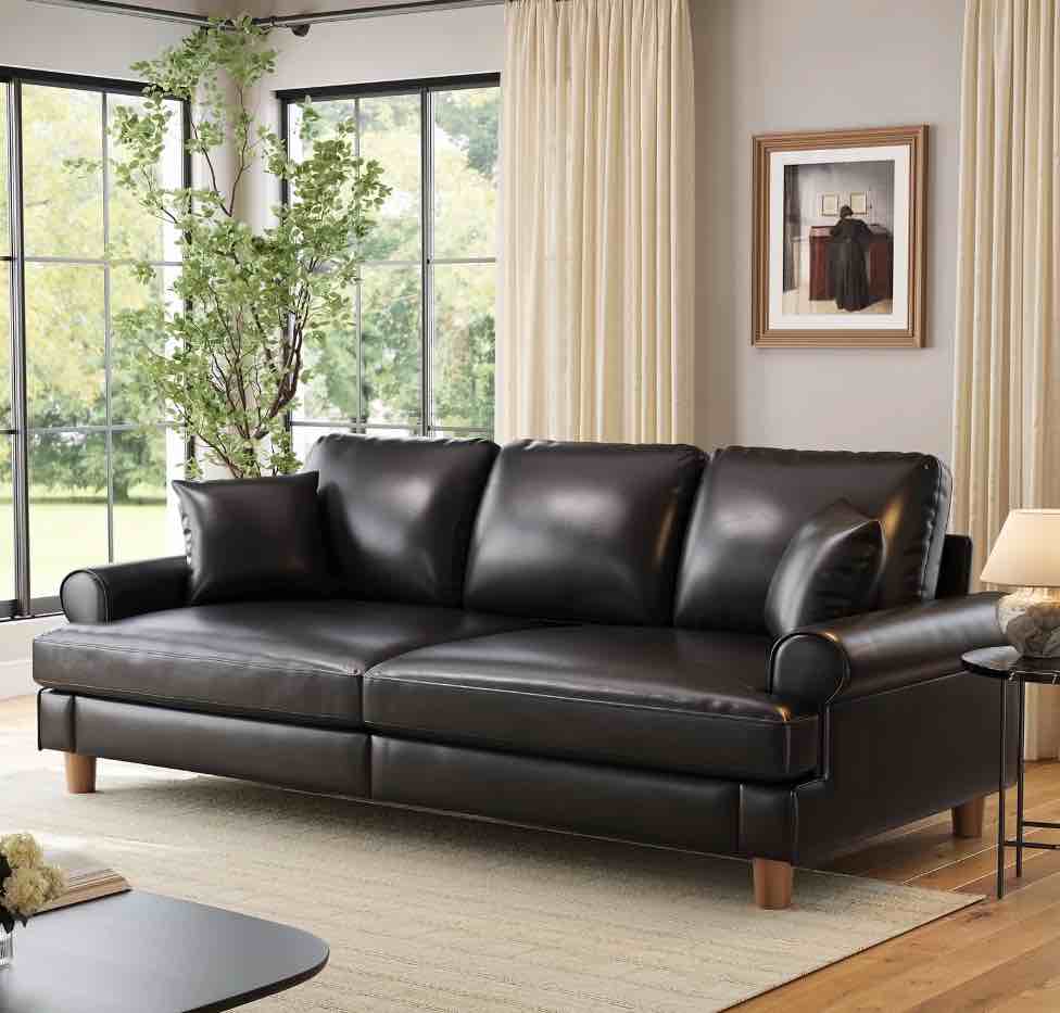 87" Couch Premium PU Leather Sofa, Comfy Extra Deep Seat 3 Seater Couch for Living Room, with 2 Pillows, Black