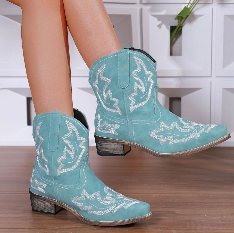 Ecetana Cowboy Boots for Women Ankle Cowgirl Booties Pointed Toe Embroidery Western Short Boots SIZE 8 