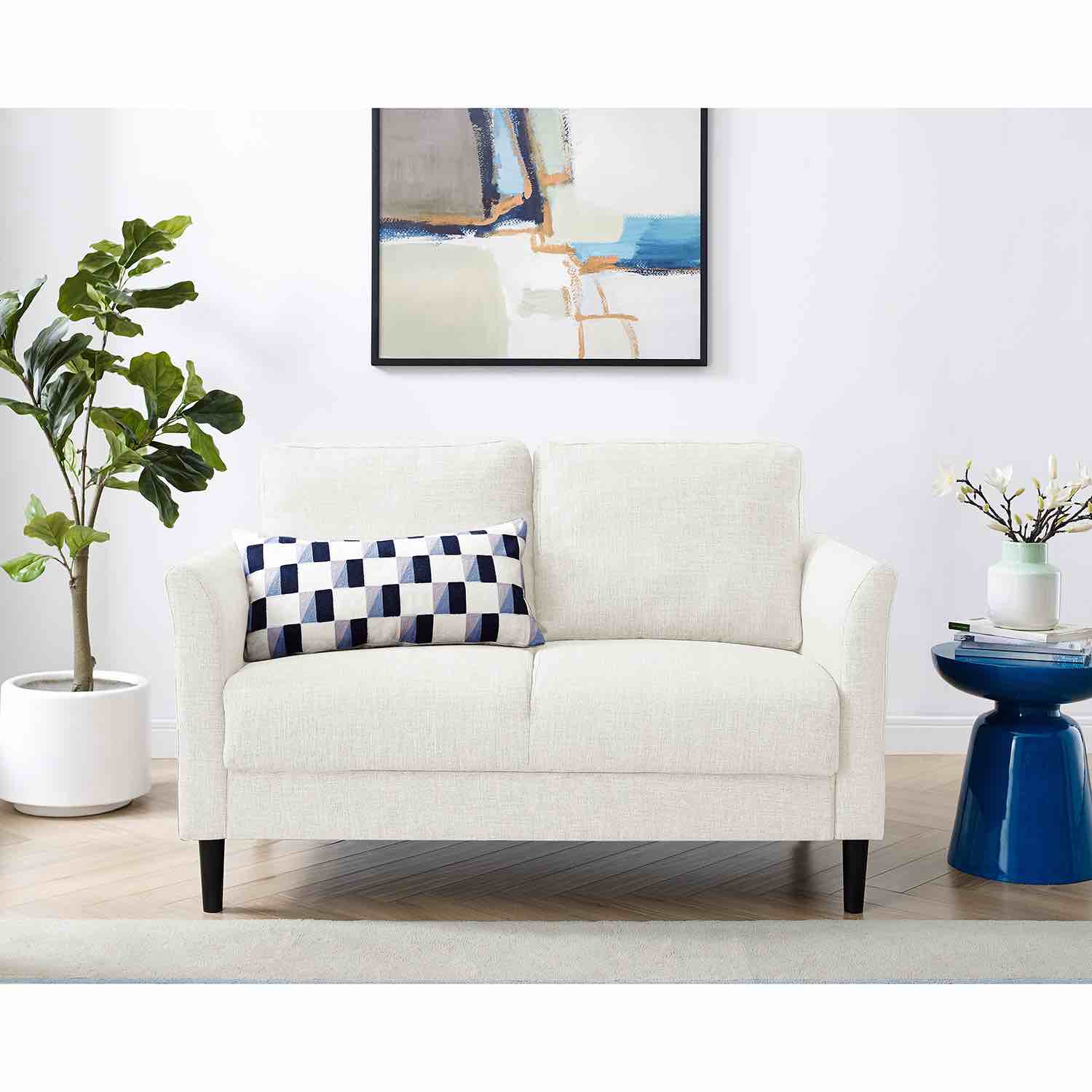  49'' Mid Century Modern Loveseat, Upholstered 2-Seater Small Sofa for Living Room and Bedroom, Solid Wood Legs White