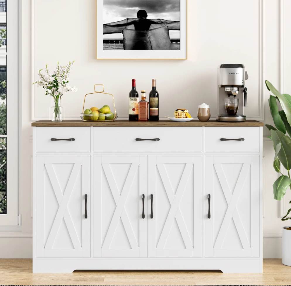 Homfa Buffet Cabinet with 3 Drawers and 4 Doors, 55.1” W Kitchen Sideboard Storage Cabinet with Adjustable Shelves, Farmhouse Coffee Bar Cabinet for Dining Room, White & Brown