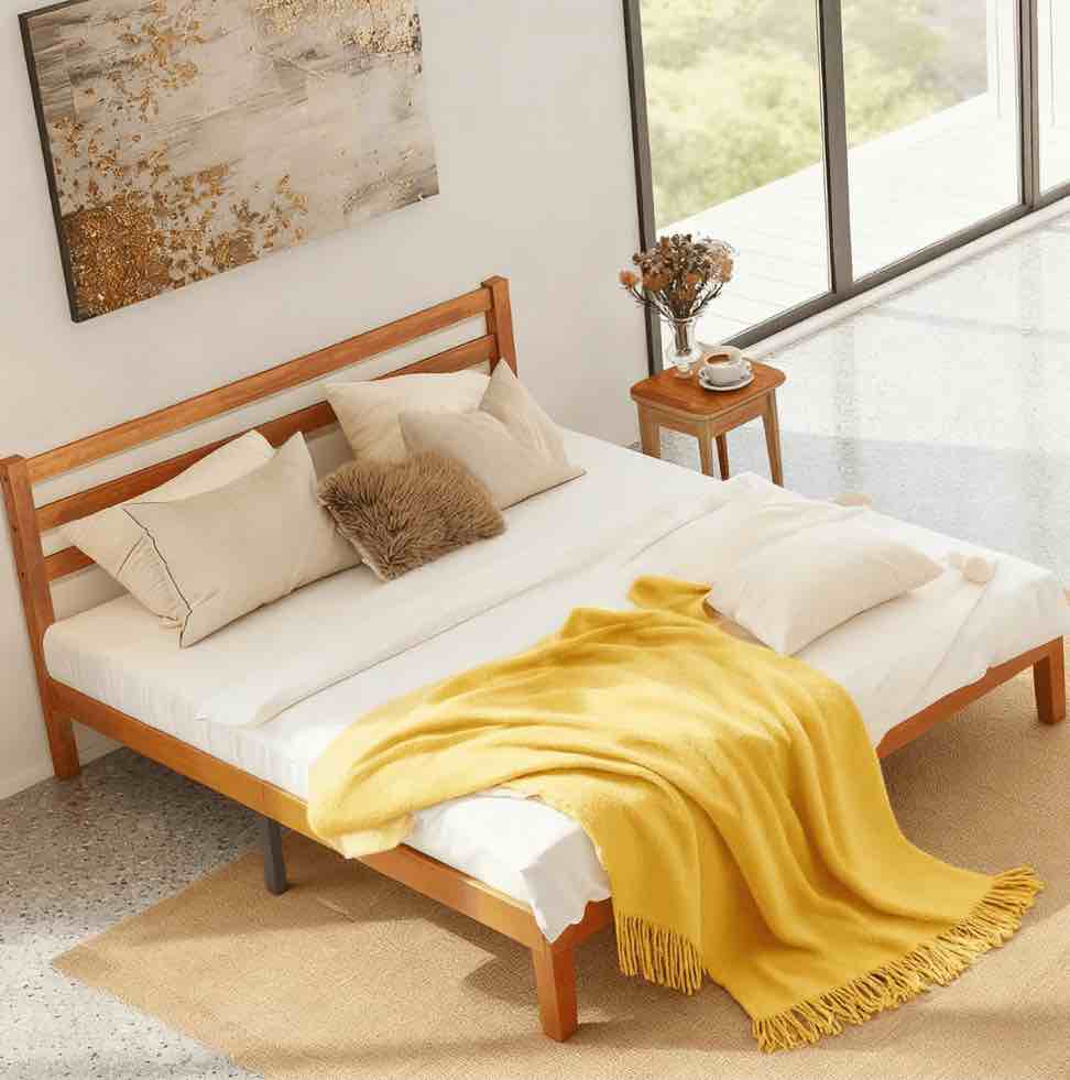 EDX Wood Queen Size Bed Frame with Headboard - Walnut Finish, Solid Wood Slat Support System, No Box Spring Required