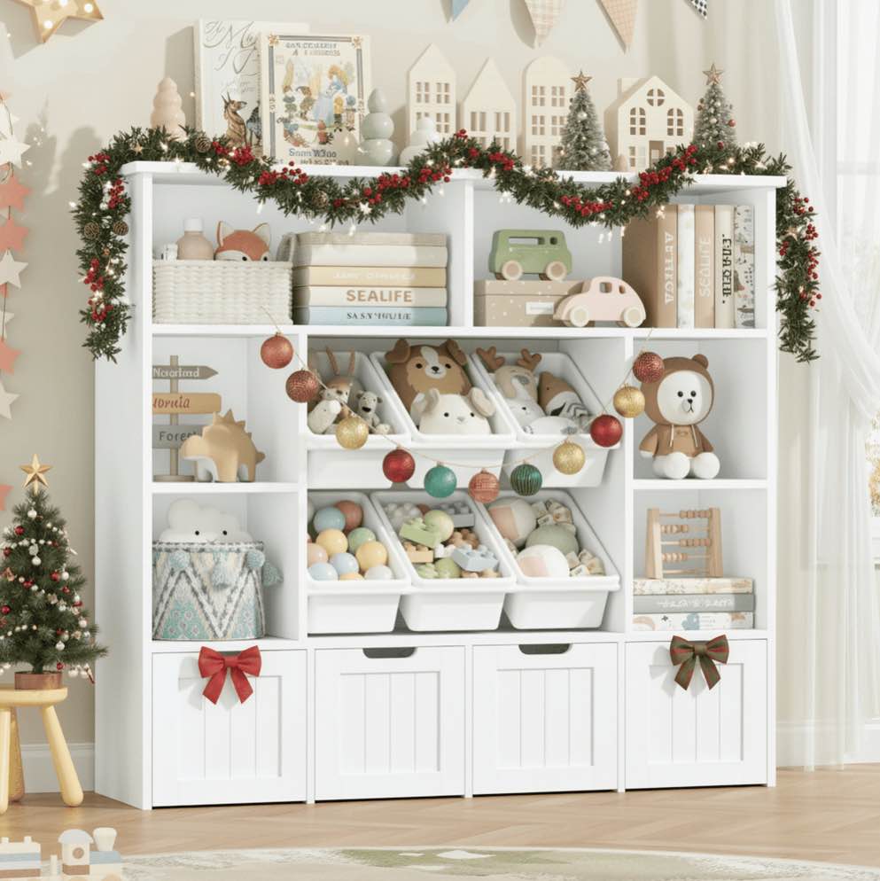 Hiphuta Large 4 Tier Kids Bookcase, Wood Toy Organizer of 6 Boxes & 4 Removable Drawers, Bookshelf for Kids Room, White