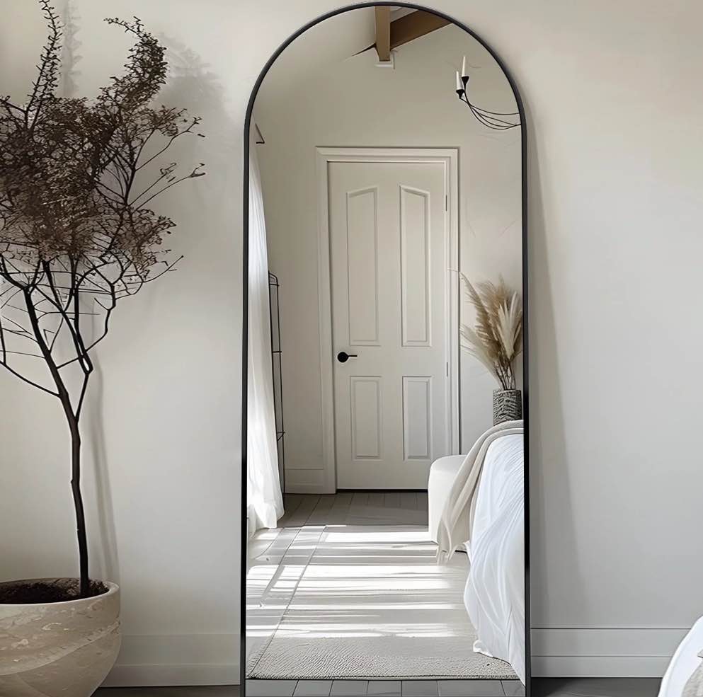 Antok 58.1"x18" Arched Full Length Mirror with Stand Aluminum Frame for Bedroom Living Room Black