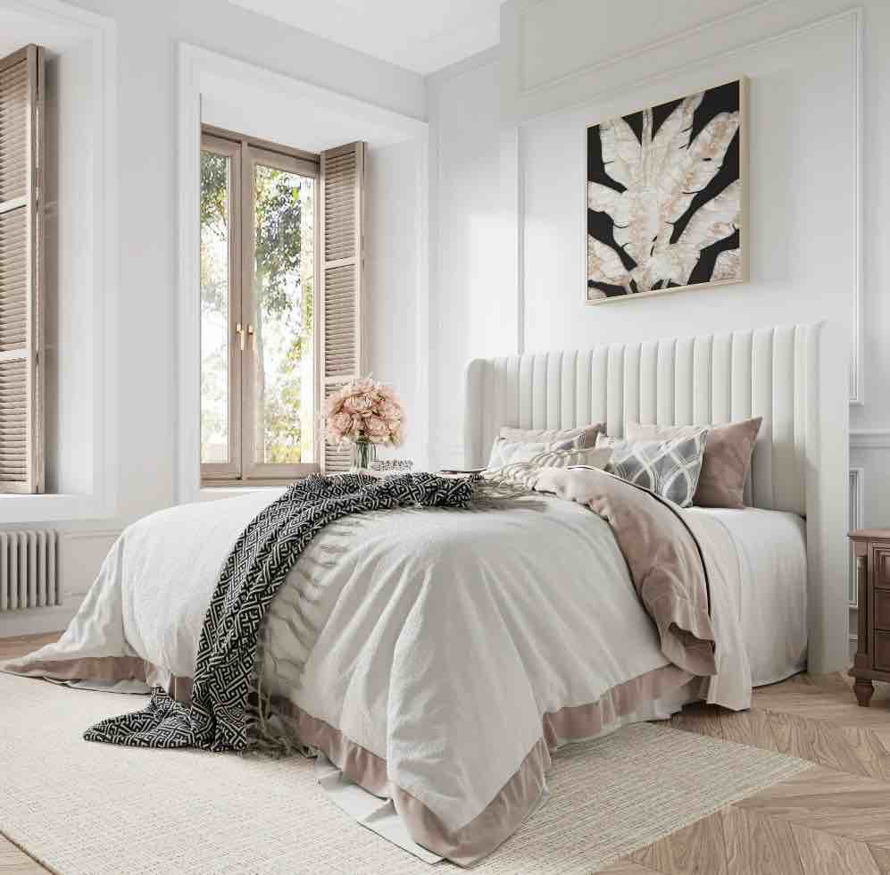 Amolife Queen Size Velvet Upholstered Bed with Wingback Headboard, Off-white