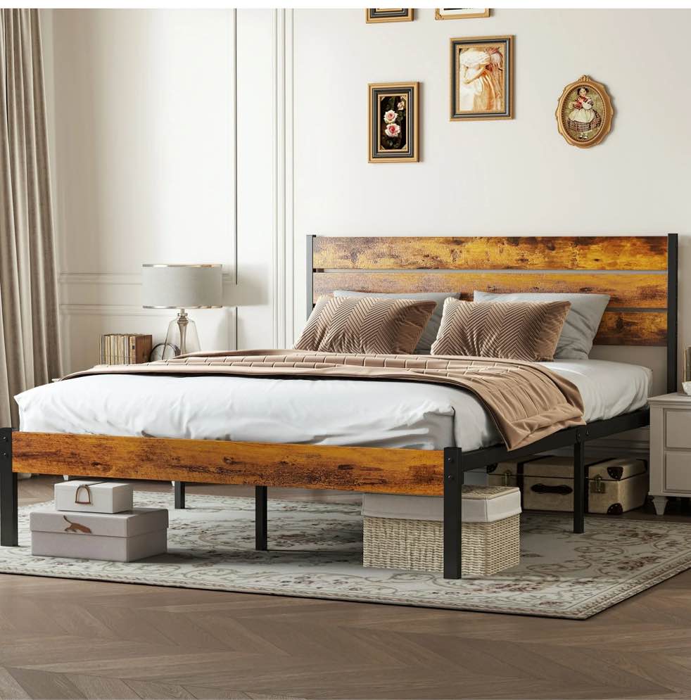 EDX Queen Size Metal Bed Frame with Industrial Wooden Headboard, Ample Storage, Noise-Free Design, Sturdy Steel Slat Support, Rustic Brown