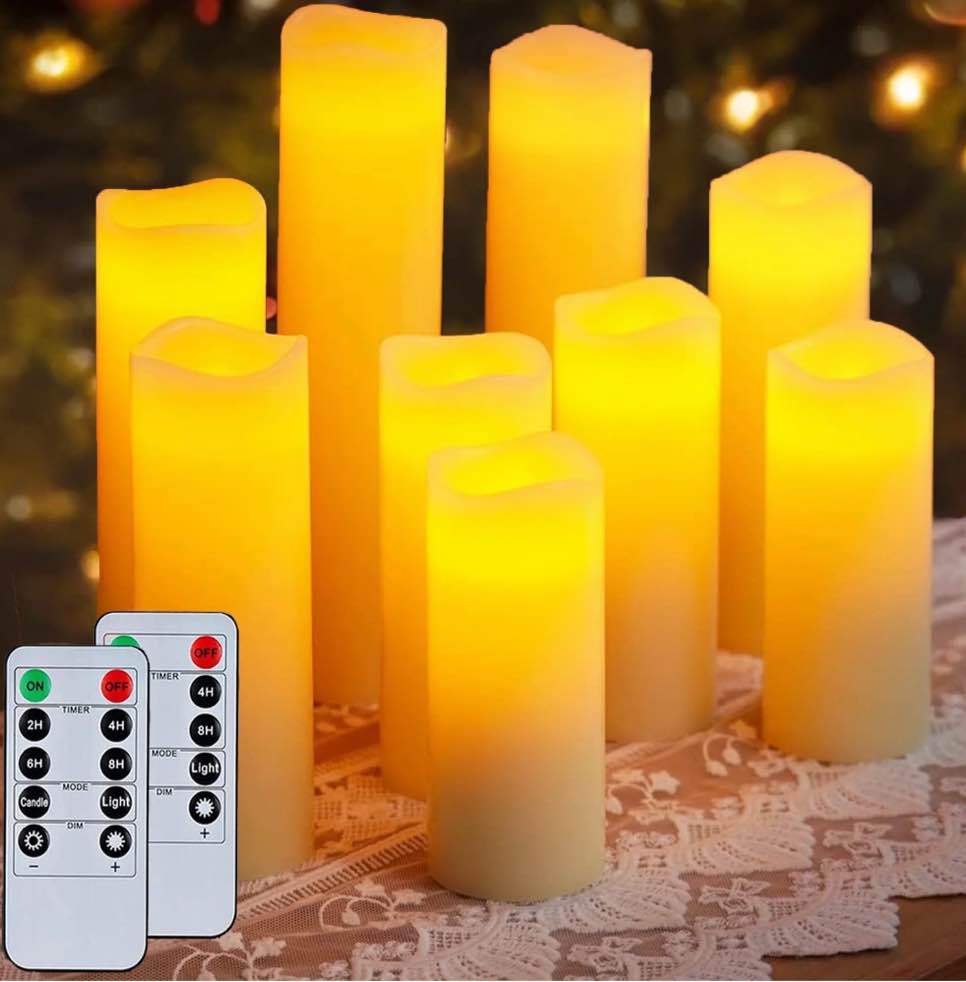 HIDAWN Flameless Pillar Candles with Remote,9 Pack Outdoor Large LED Fake Candles Battery Operated Electric Votive Flicker Lights,Ivory